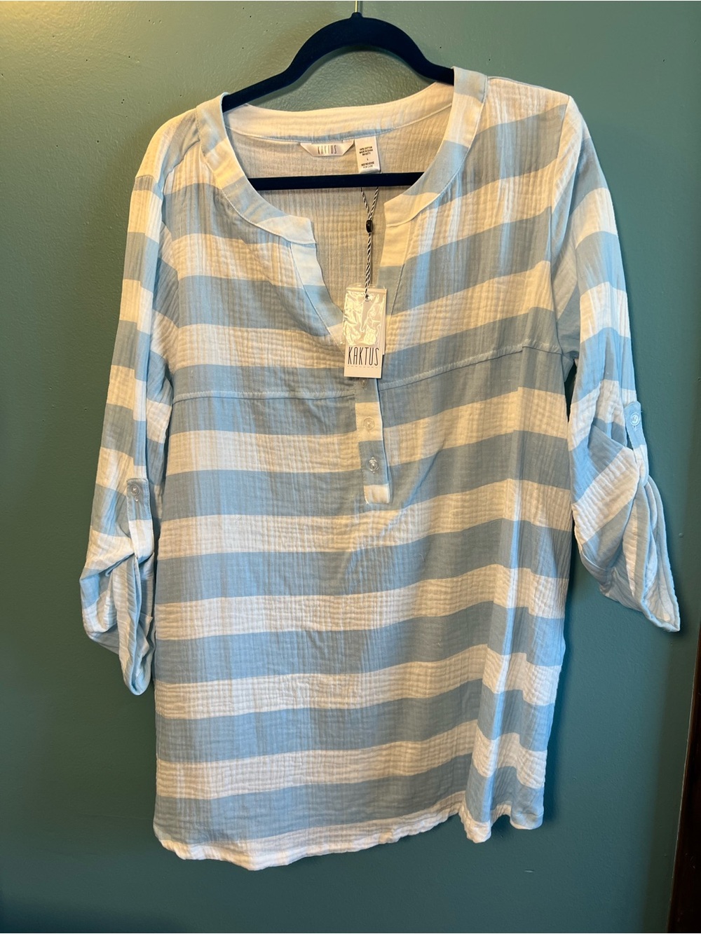 Kaktus Blue White Striped Gauze Blouse Top Size Large NWT